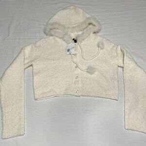 Women’s Fuzzy Hooded Button-Up Cardigan – Soft Plush – White – Size (L)